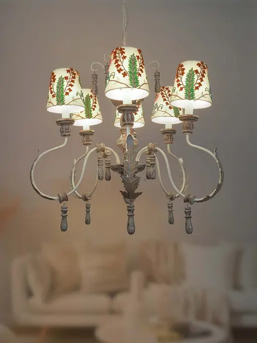 Parisian Distressed Grey 6 Light Wooden Chandelier with Dainty Embroidered Shades