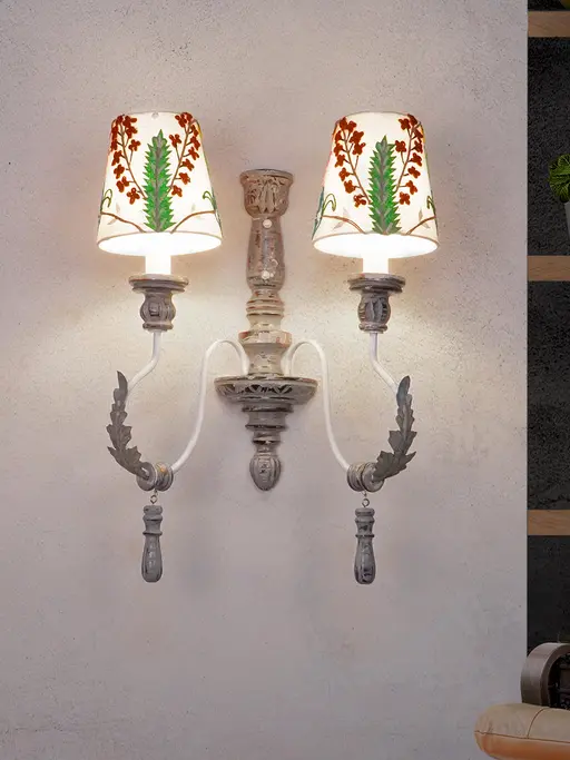Parisian Distressed Grey 2 Light Wooden Wall Sconce with Dainty Embroidered Shades