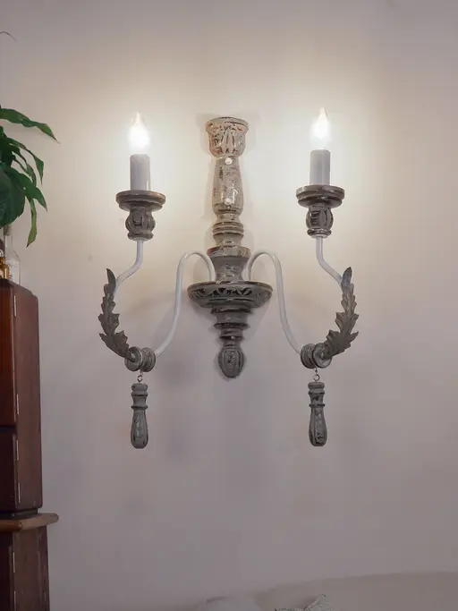 Provincial Style Distressed Grey Wood & Wrought Iron 2 Light Candelabra Wall Sconce