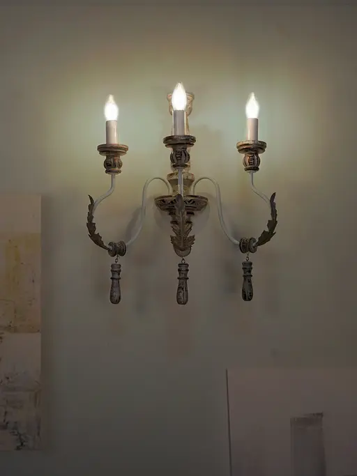 Provincial Style Distressed Grey Wood and Wrought Iron 3 Light Candelabra Wall Sconce