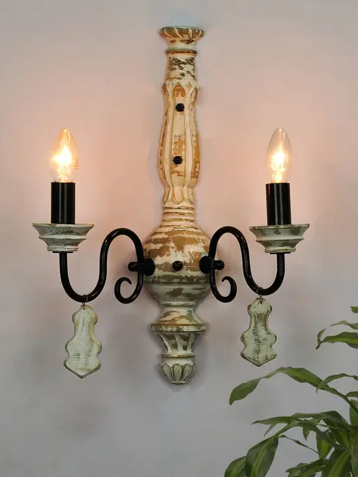 French White Distressed Wooden 2-Lights Rustic Candelabra Wall Sconce