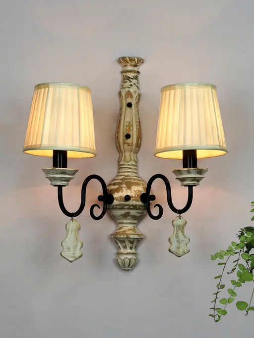French White Distressed Wooden Double Lights Rustic Candelabra Wall Sconce with 6 Inch Pleated Fabric Shades