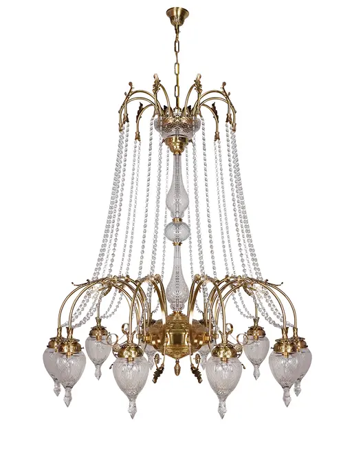 44" Antique Brass Traditional Chandelier with 10 Cut-Glass Downward Shades & Crystal Strands