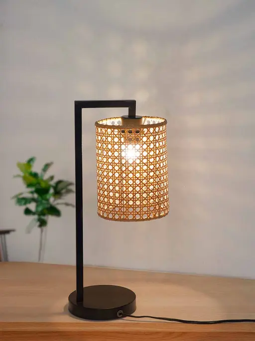 Black Table Lamp with Natural Rattan Cane Cylindrical Shade