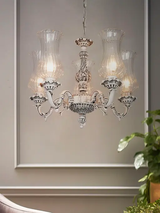 Traditional Swan Chandelier in Antique White with Fluted Glass Shades