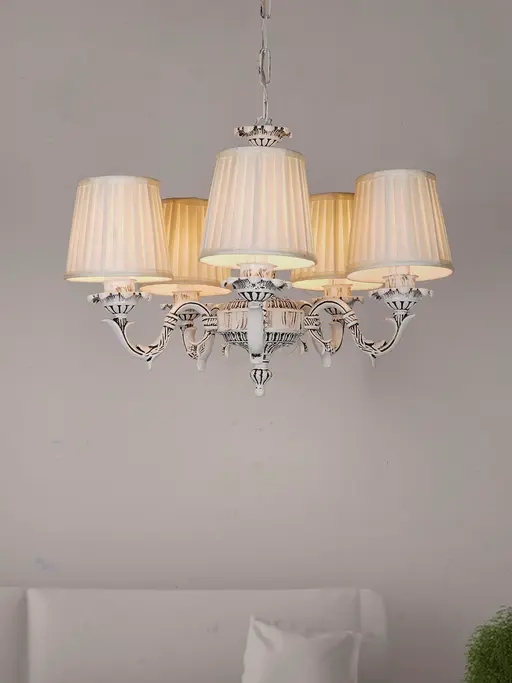 Traditional 5 Light Swan Chandelier in Antique White with Pleated Fabric Shades