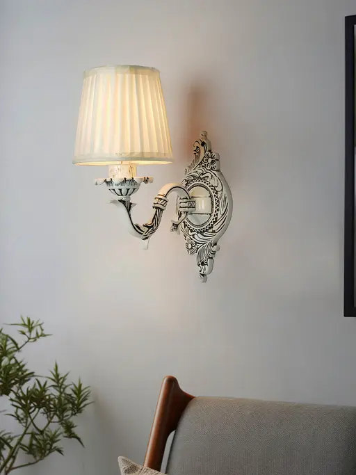 Traditional Single Swan Wall Sconce in Antique White with Pleated Fabric Shade