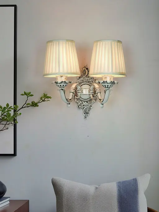 Traditional Swan Double Aluminium Wall Lamp in Antique White with Pleated Fabric Shades