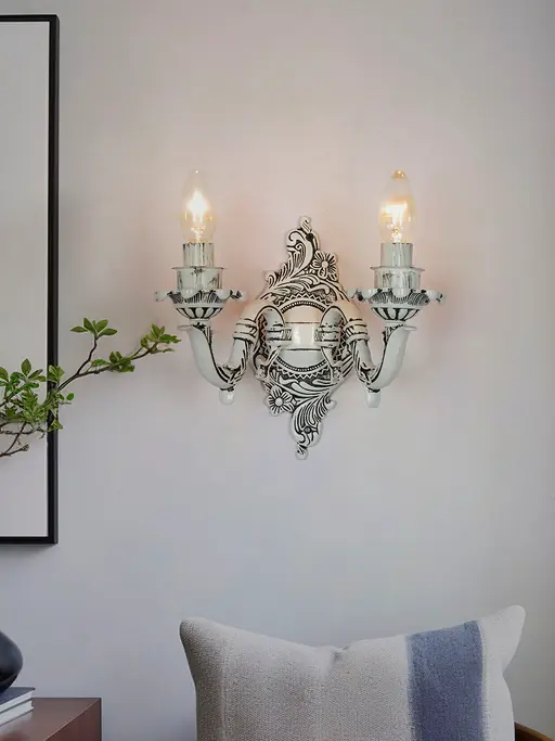 Traditional Swan Double Candle Wall Lamp in Antique White