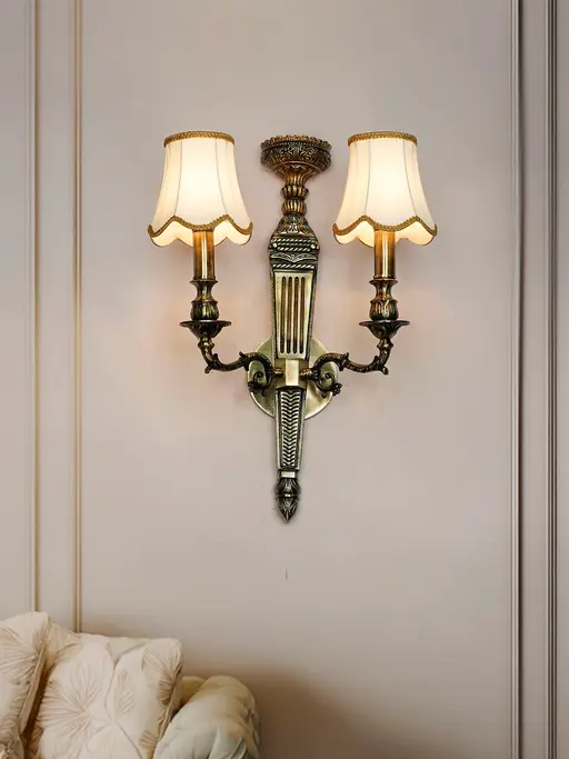 Opulent 24-Inch European Classic Double Sconce | Antique Brass with Dabka Embroidered Shades