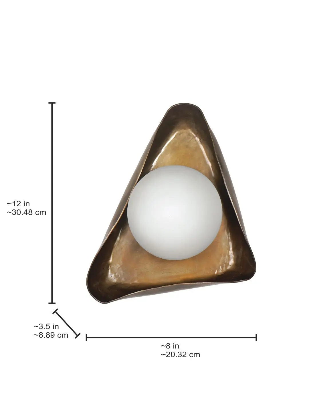 Modern Sculptural Folded Triangle Metal Wall Sconce with Opal Glass Globe in Antique Brass Finish — dimensions
