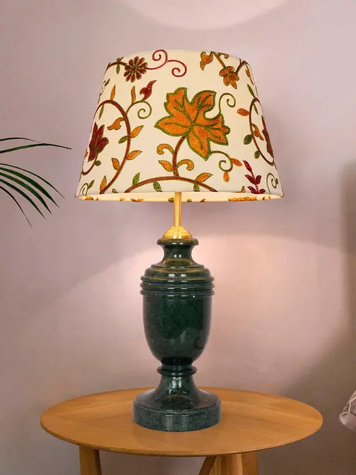 Green Marble Trophy Lamp with Kashmiri Embroidered Velvet Shade