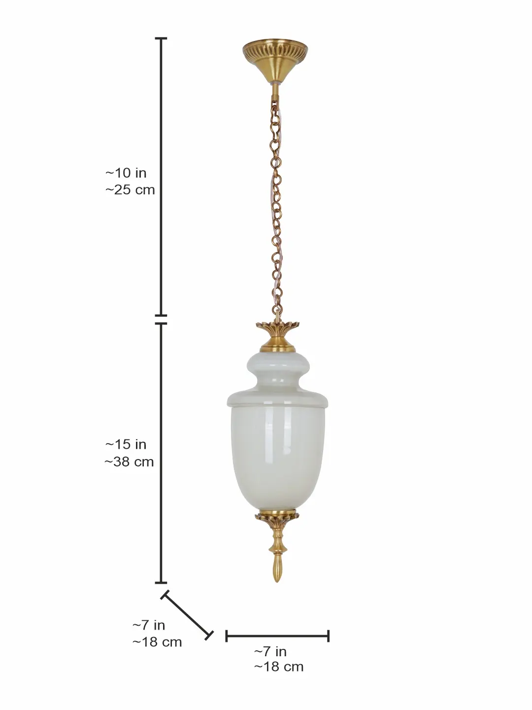15-Inch Traditional Milky White Glass Trophy Pendant Light | Antique Brass Hardware & Hanging Chain — dimensions