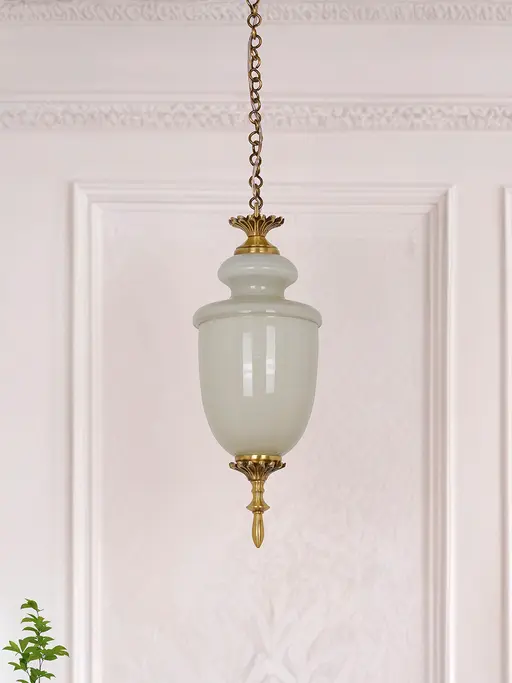 15-Inch Traditional Milky White Glass Trophy Pendant Light | Antique Brass Hardware & Hanging Chain
