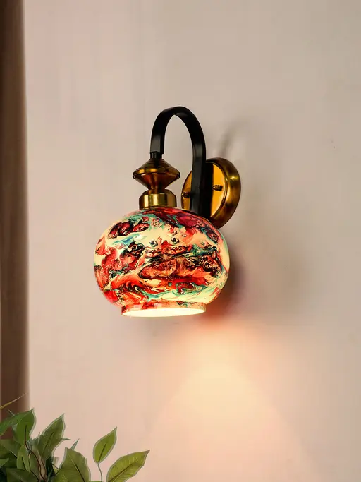 Blue Marble Glass Globe & Black Gold Steel Wall Light