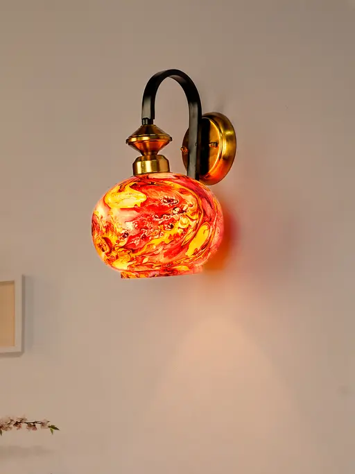Black Gold Steel 1-Light Wall Lamp with Orange Marble Glass Globe