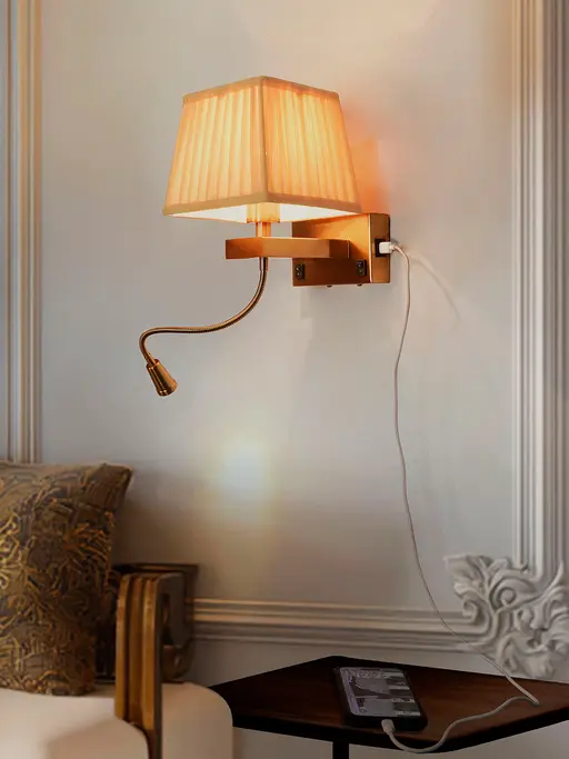 Modern Bedside Reading LED Wall Sconce with USB Charger | Dual-Light, Beige Pleated Shade