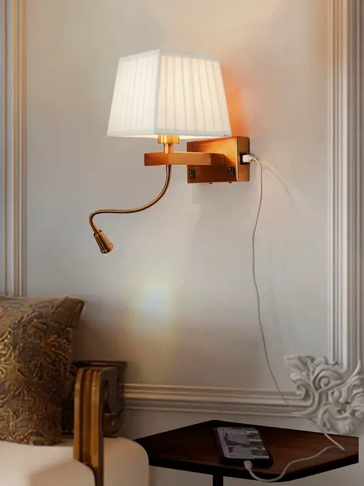 Modern Bedside Reading LED Wall Sconce with USB Charger | Brushed Brass, White Pleated Shade