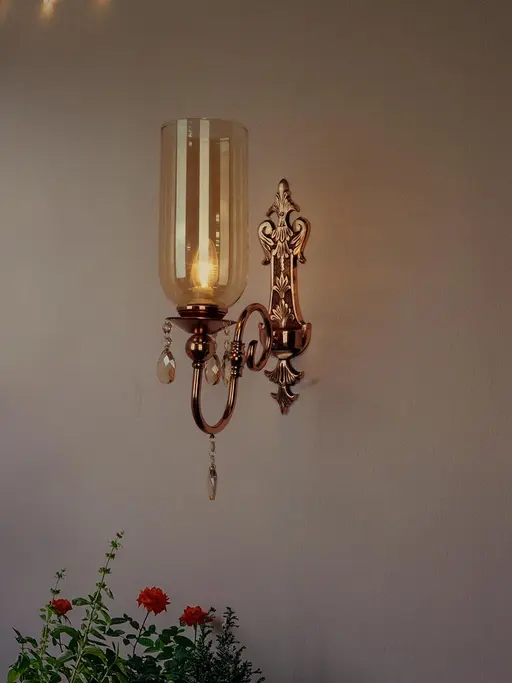 European Copper-Finish Single Light Steel Wall Sconce With Translucent Glass Shade