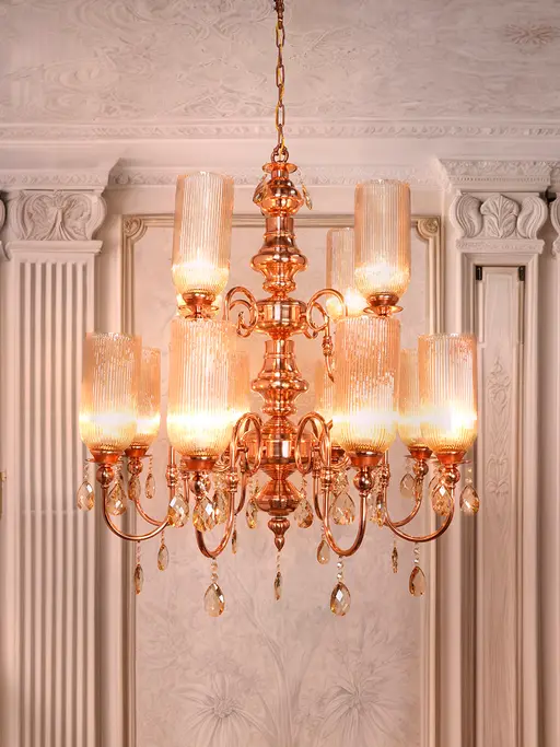 Grand Transitional Polished Copper Chandelier with Fluted Luster Glass and Honey Crystals