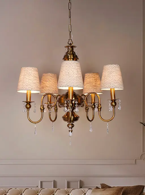 Antique Brass 5-Light Chandelier with Sequined Shades and Crystals