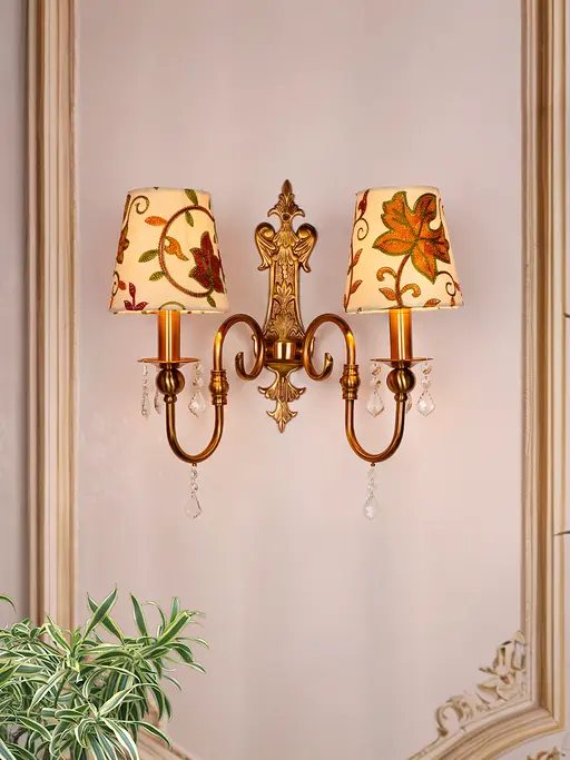 Victoria Antique Brass Double Wall Sconce with Kashida Shades