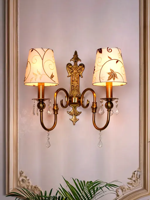 Victoria Antique Brass Double Wall Sconce with White Kashmiri Embroidered Shades