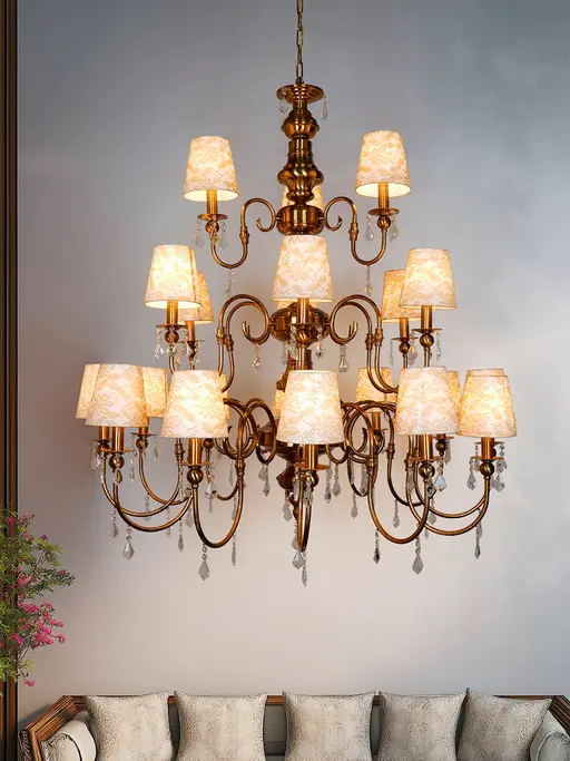 Grand Brass Antique Finish Chandelier | 21-Light with Lace Shades & Crystals