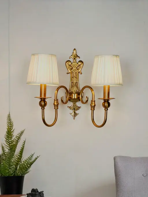 Gold European-style Double Light Steel Wall Sconce With 6 Inch Pleated Fabric Shades