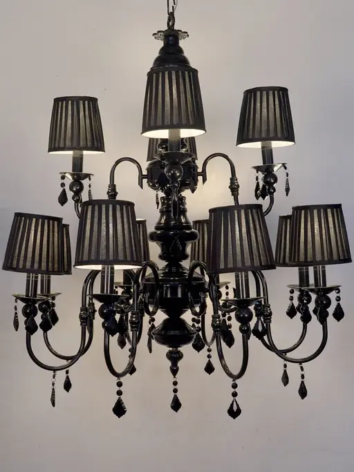 Absolute Black 2 Tier 12 Light Chandelier with Black Crystals and Shades