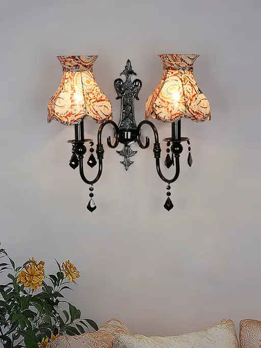 Black Double Wall Sconce with Kalamkari Shades and Crystals