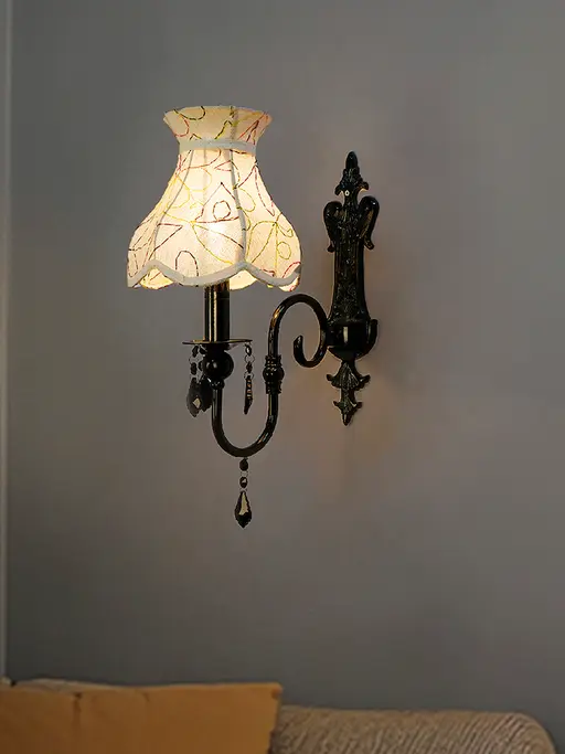 Black Wall Sconce with Green Embroidered Scalloped Shade and Crystals