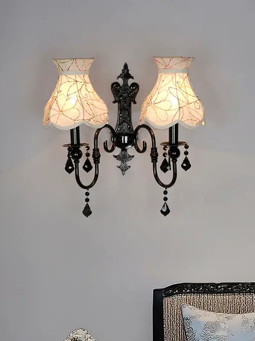 Black Double Wall Sconce with Green Embroidered Scalloped Shades and Crystals