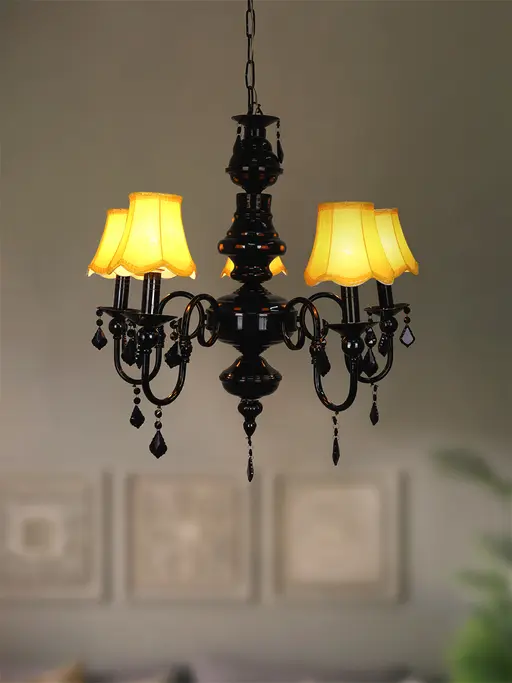 Victorian Accent Classic Black 5-Light Steel Chandelier With Yellow Scallop Bell Fabric Shade