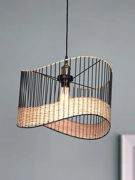 Bohemian-Style Black Circular Wave Steel And Cane Ceiling Hanging Light