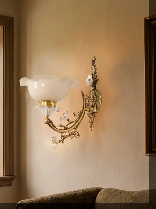 15-Inch Traditional Antique Brass Floral Wall Sconce | White Ruffled Glass Shade with Hand-Painted Blossom Accents