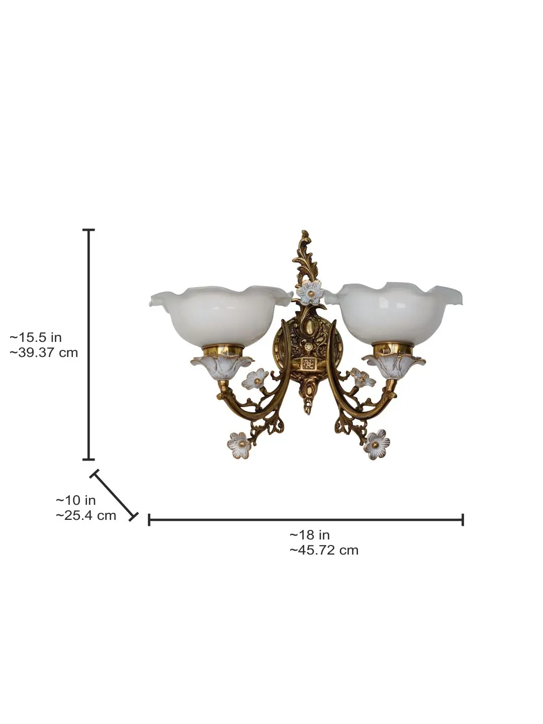 2-Light Antique Brass Cast Aluminium Floral Wall Sconce with Frilled White Glass Shades — dimensions