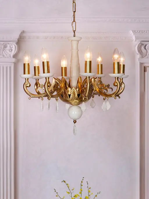 Regal White Marble and Brass 8-Light Candelabra Chandelier