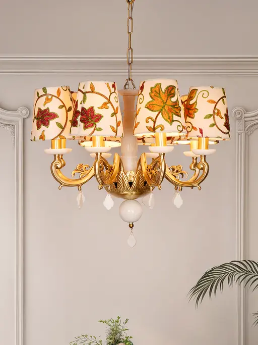 Regal Marble & Brass Chandelier with Kashida Velvet Shades - 8 Light
