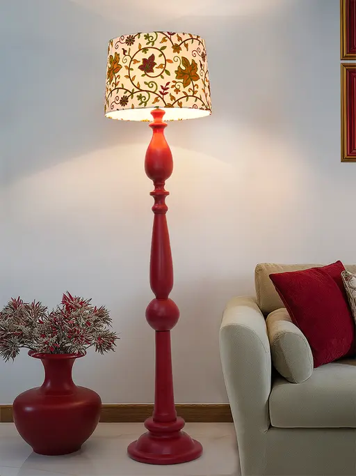 Artisanal Red Wooden Floor Lamp | Kashmiri Embroidered Fabric Shade & Matte Finish