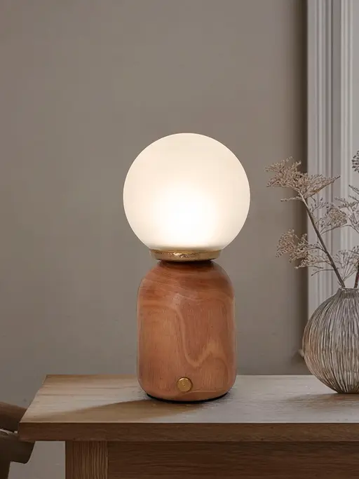 Modern Natural Wood & Glass Rechargeable LED Dimmable Touch Table Lamp