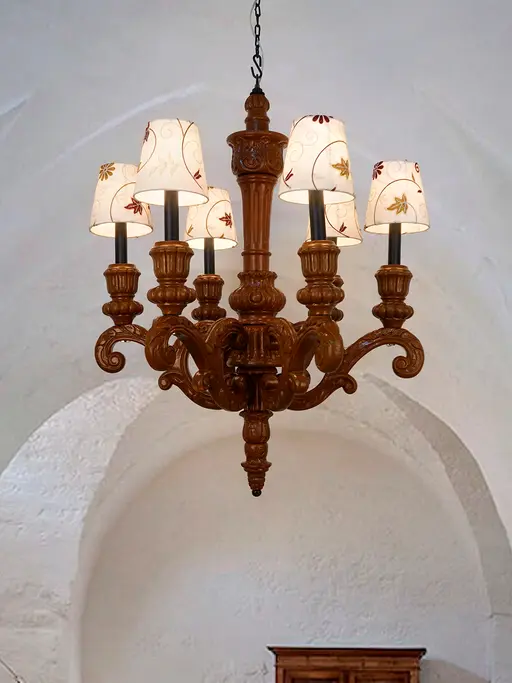 Hand-Carved Wooden 6-Light Chandelier with Kashmiri Embroidered Shades