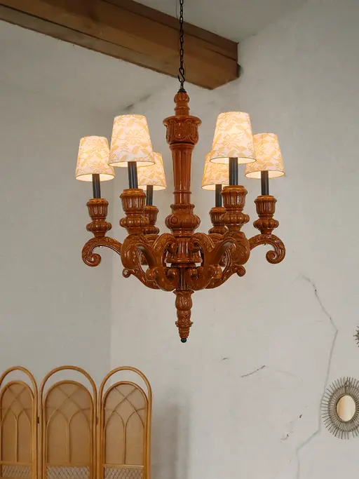 Hand-Carved Wooden 6-Light Chandelier with Lace Fabric Shades