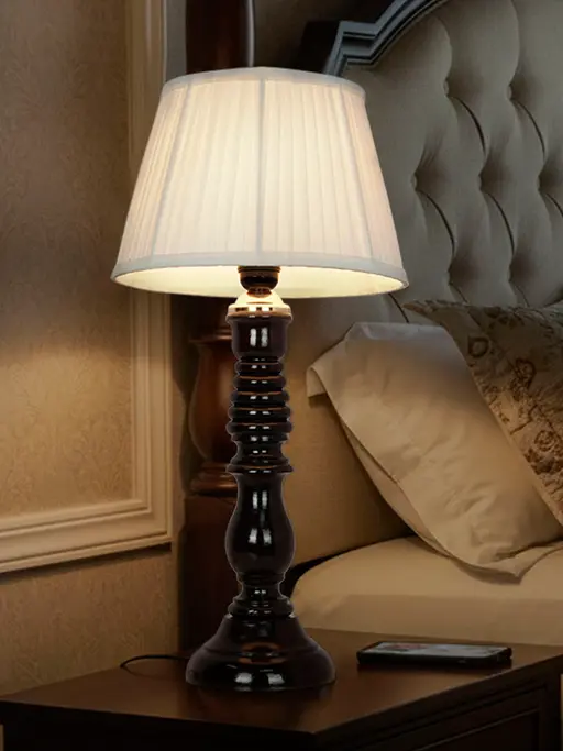 Transitional Wooden Table Lamp | Black Finish with Pleated Chiffon Shade