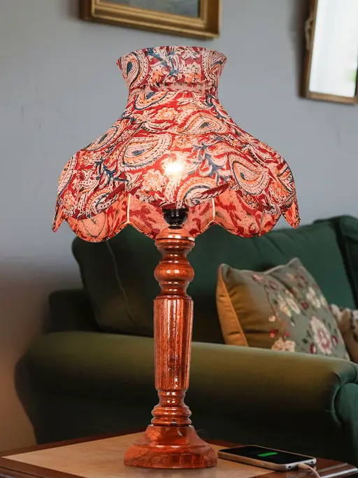 Transitional Wooden Table Lamp with Scalloped Kalamkari Cotton Shade | Brown Finish