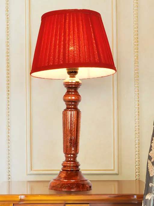 20-inch Traditional Wooden Table Lamp with Tapered Maroon Pleated Shade