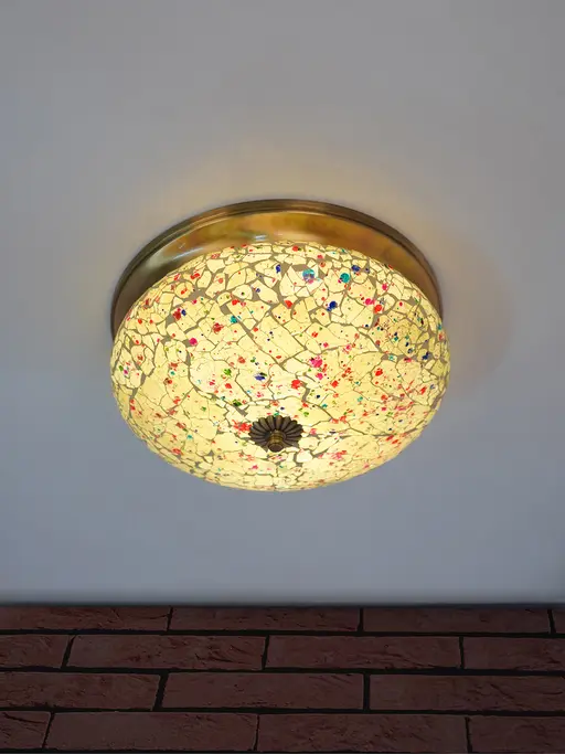 Round Sea green 10 Inch Wide Brass & Multicolor crackle Glass Flush Mount Ceiling Light