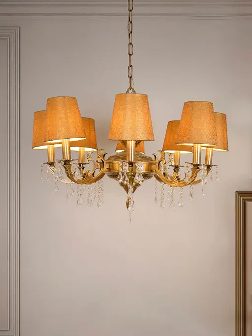 34-Inch Hand-Carved Antique Brass Chandelier with Golden Brocade Shades | 8-Light Crystal & Brass Luxury Fixture