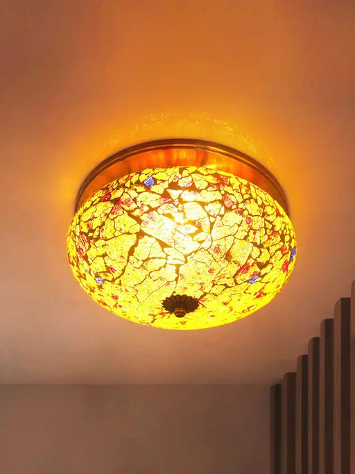 Fiery Mosaic Glass and Brass Flush Mount Ceiling Lamp