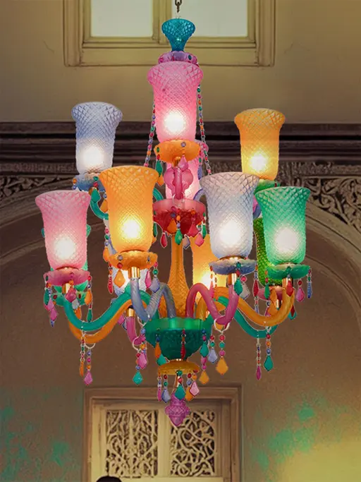 60-Inch Grand Eclectic 12-Light Chandelier | Two-Tier Multicolor Moulded Frosted Glass